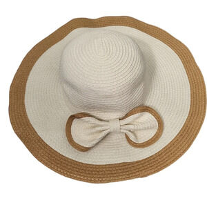 Tan White Paper Braid Straw Floppy Sun Hat by Nicole Marciano